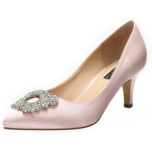 ERIJUNOR Women Pumps Low Heel Rhinestone Dress Wedding Shoes Blush Size 8
